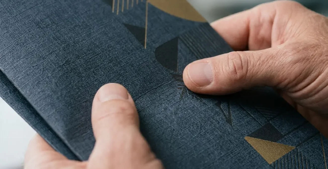 Personne d'affaires touchant une brochure haut de gamme avec papier texturé premium dans un bureau moderne