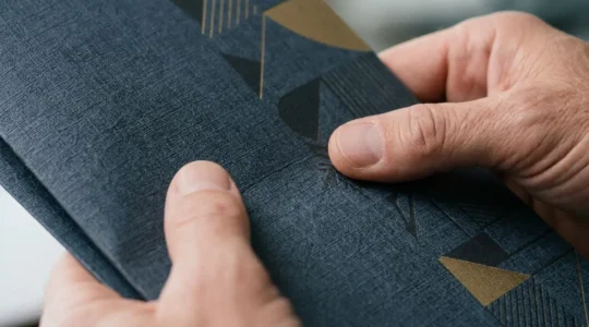 Personne d'affaires touchant une brochure haut de gamme avec papier texturé premium dans un bureau moderne