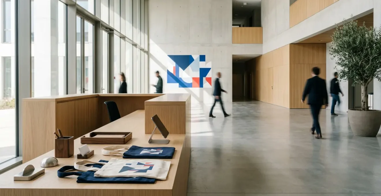 Hall d'entrée moderne de mairie avec objets promotionnels élégants disposés sur une table d'accueil