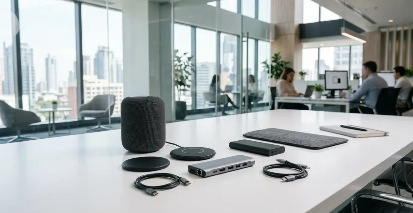 Bureau moderne avec objets connectés professionnels exposés sur surface minimaliste