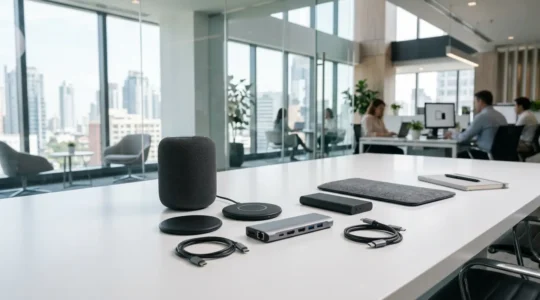 Bureau moderne avec objets connectés professionnels exposés sur surface minimaliste