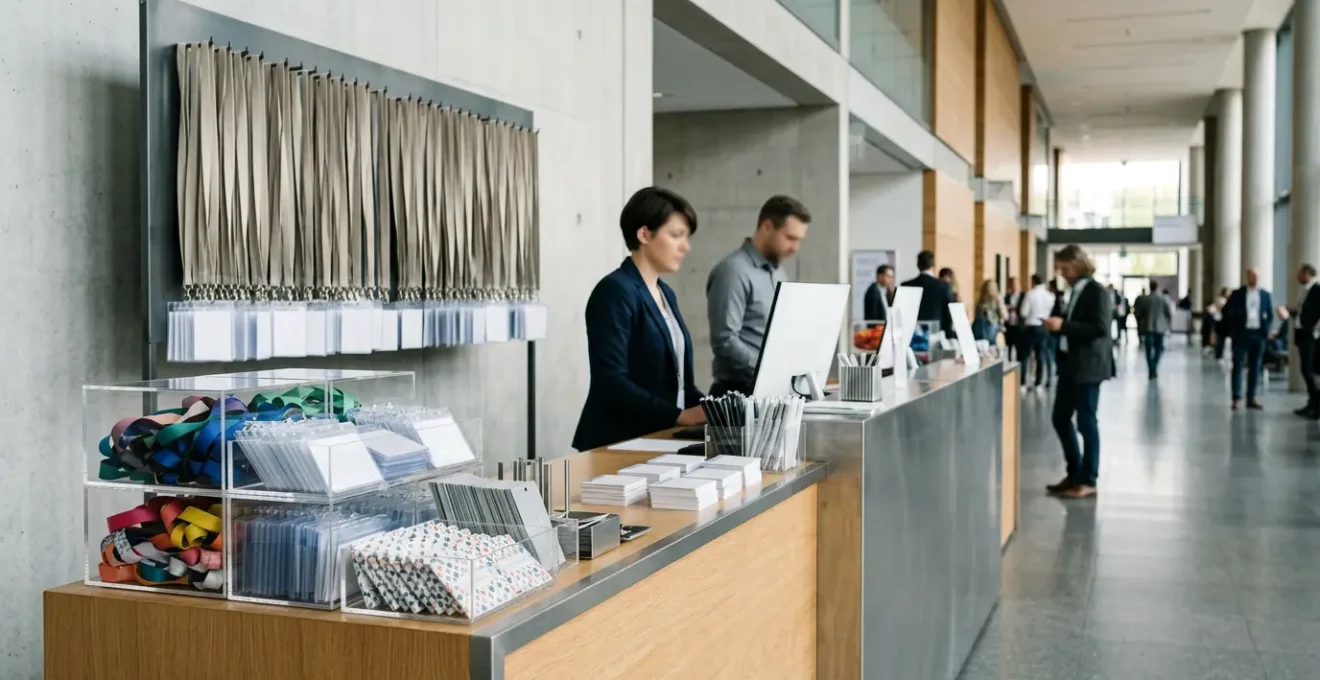 Vue d'un comptoir d'accueil de congrès avec organisation optimisée de goodies et systèmes de stockage intelligents
