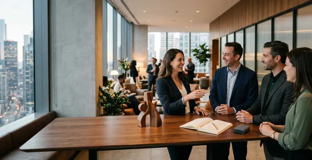 Un espace de networking professionnel avec des objets promotionnels créant une atmosphère conviviale et engageante