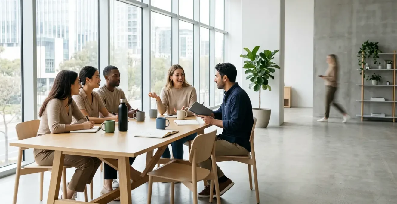 Espace de travail collaboratif avec objets personnalisés aux couleurs d'entreprise