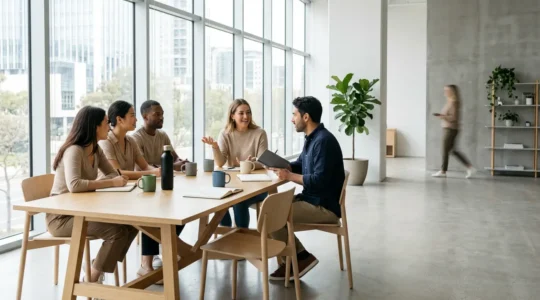 Espace de travail collaboratif avec objets personnalisés aux couleurs d'entreprise