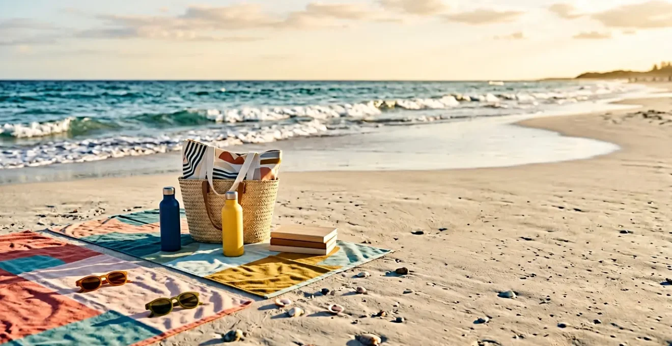 Objets promotionnels de plage exposés sur sable doré avec océan en arrière-plan
