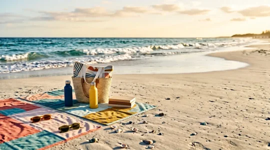 Objets promotionnels de plage exposés sur sable doré avec océan en arrière-plan