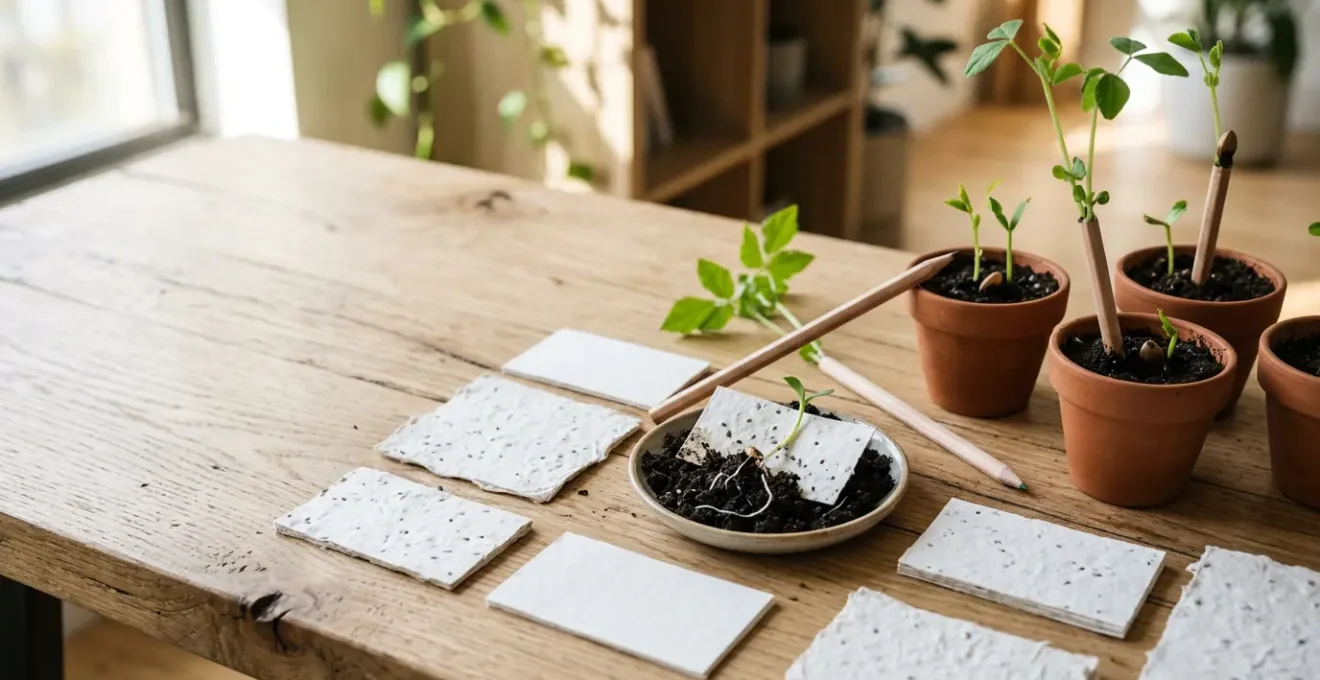 Cartes de visite ensemencées et crayons à graines disposés sur un bureau en bois avec des plantes en croissance