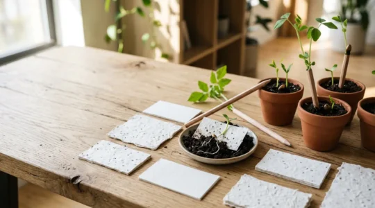 Cartes de visite ensemencées et crayons à graines disposés sur un bureau en bois avec des plantes en croissance