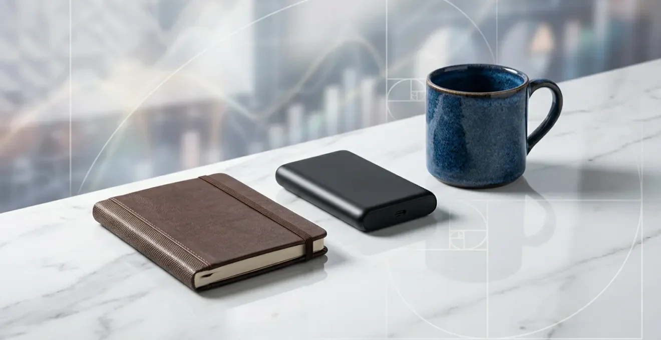 Composition artistique d'objets promotionnels haut de gamme disposés sur une surface reflétante avec calculs de ROI en arrière-plan