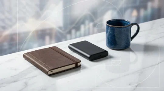 Composition artistique d'objets promotionnels haut de gamme disposés sur une surface reflétante avec calculs de ROI en arrière-plan