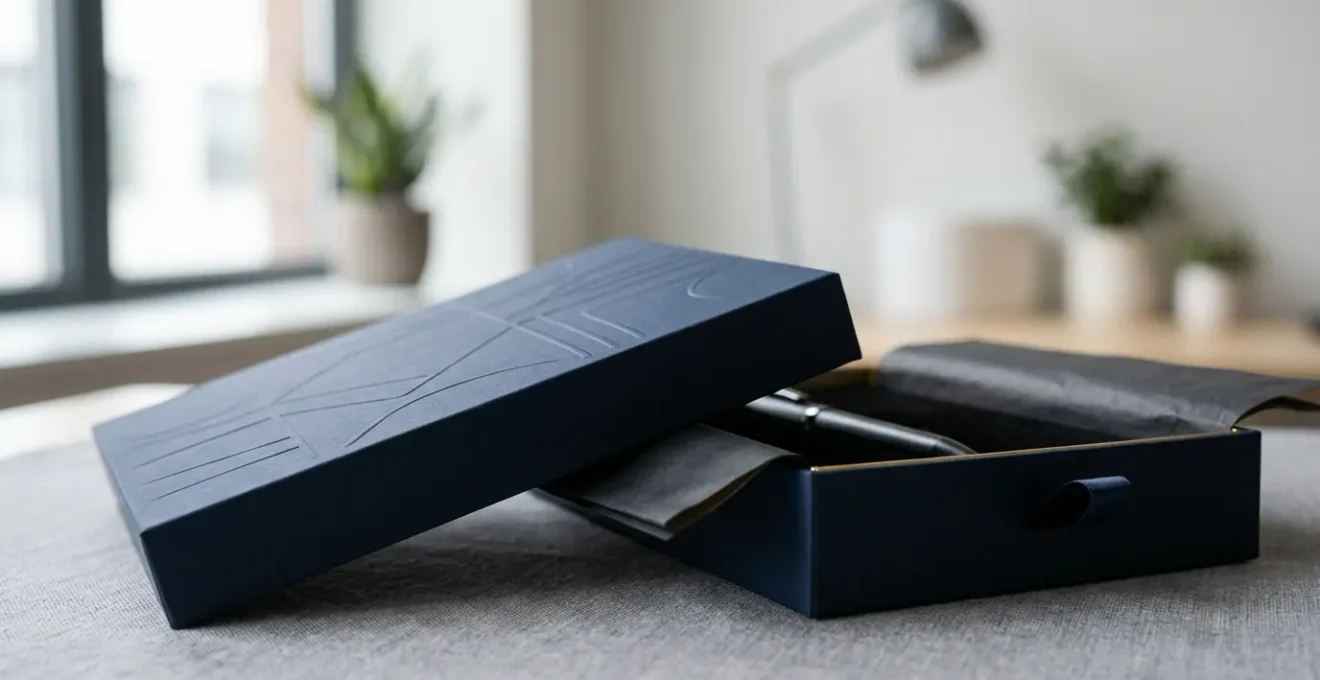 Coffret cadeau personnalisé haut de gamme avec objet promotionnel dans un environnement professionnel minimaliste