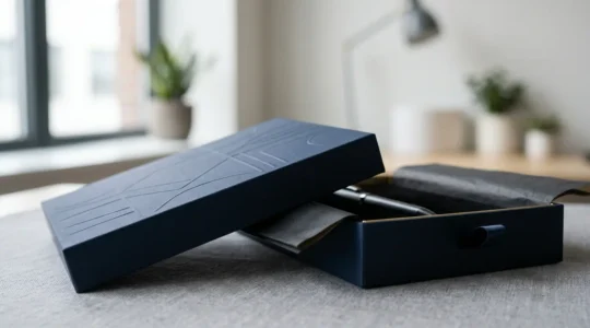 Coffret cadeau personnalisé haut de gamme avec objet promotionnel dans un environnement professionnel minimaliste