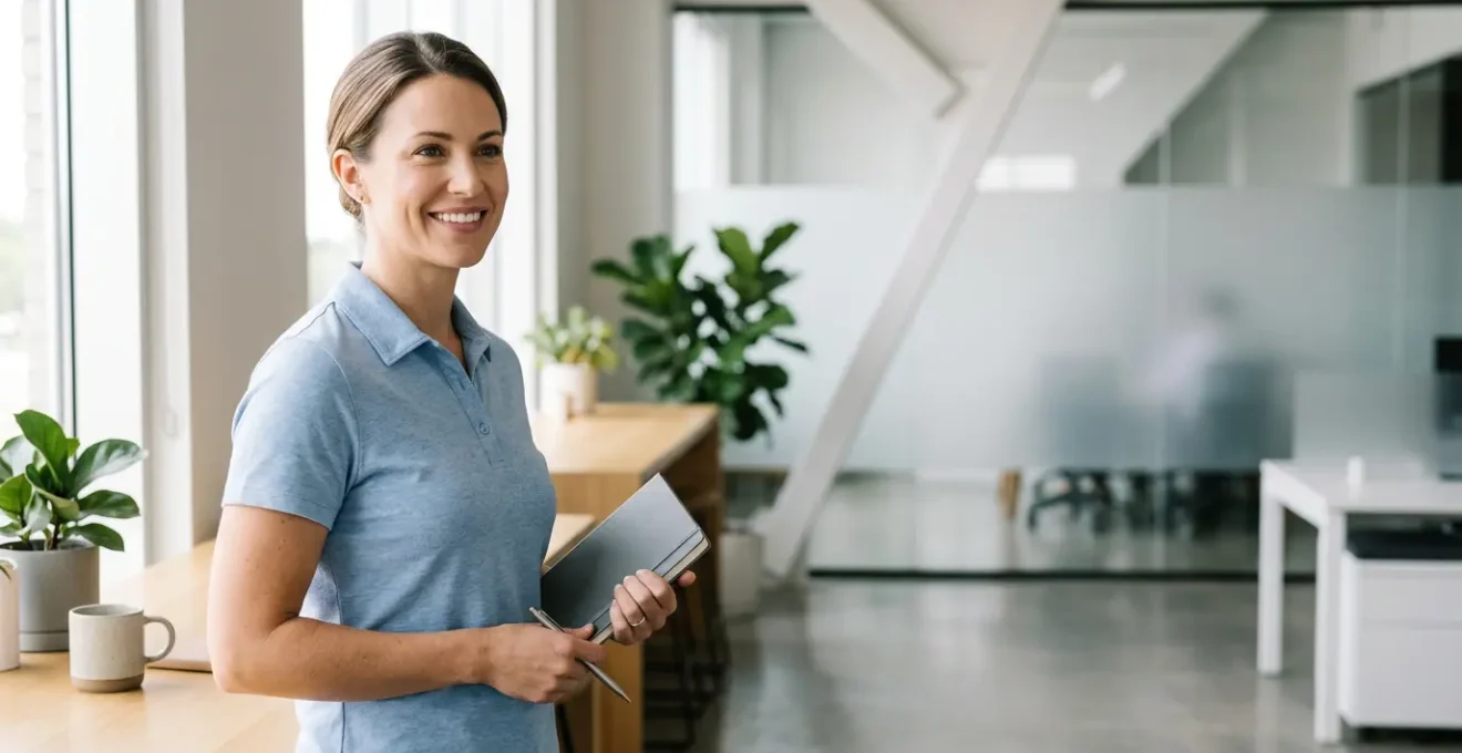Commercial professionnel portant un polo en lin de qualité dans un environnement business moderne