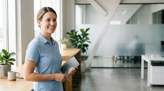 Commercial professionnel portant un polo en lin de qualité dans un environnement business moderne