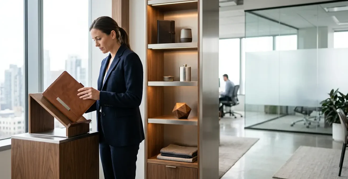 Scène moderne de bureau montrant une boutique de fidélité élégante avec des objets personnalisés et un client satisfait tenant un cadeau premium