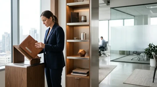 Scène moderne de bureau montrant une boutique de fidélité élégante avec des objets personnalisés et un client satisfait tenant un cadeau premium