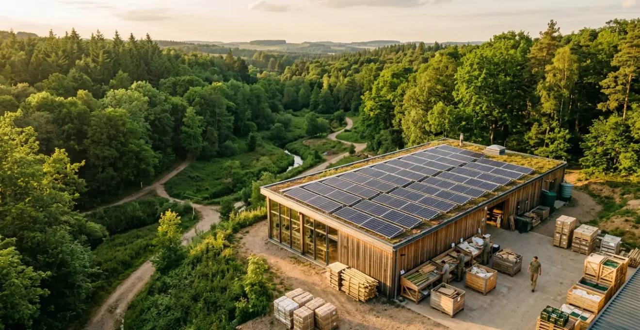 Vue aérienne d'un atelier de production d'objets promotionnels écologiques avec panneaux solaires et espaces verts