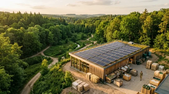 Vue aérienne d'un atelier de production d'objets promotionnels écologiques avec panneaux solaires et espaces verts