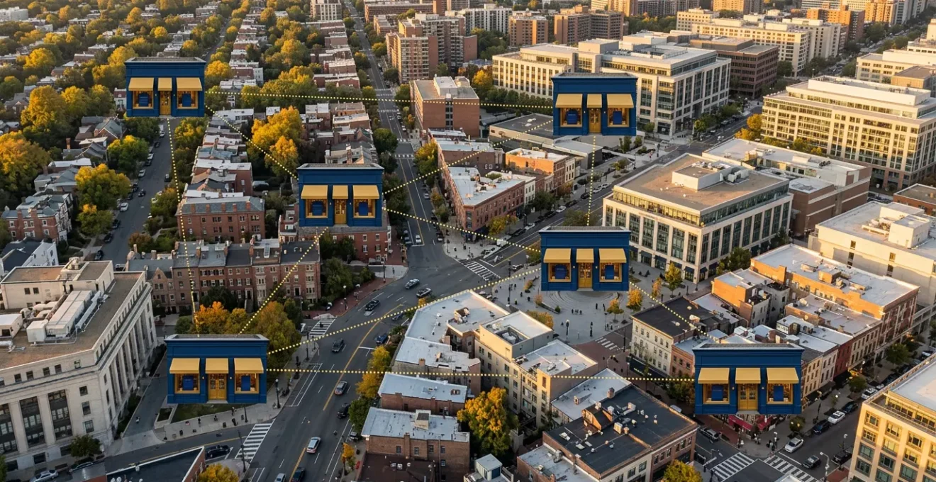 Vue aérienne de plusieurs boutiques franchisées partageant les mêmes codes visuels dans différentes villes