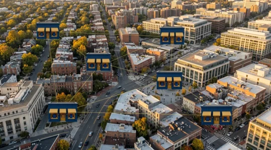 Vue aérienne de plusieurs boutiques franchisées partageant les mêmes codes visuels dans différentes villes