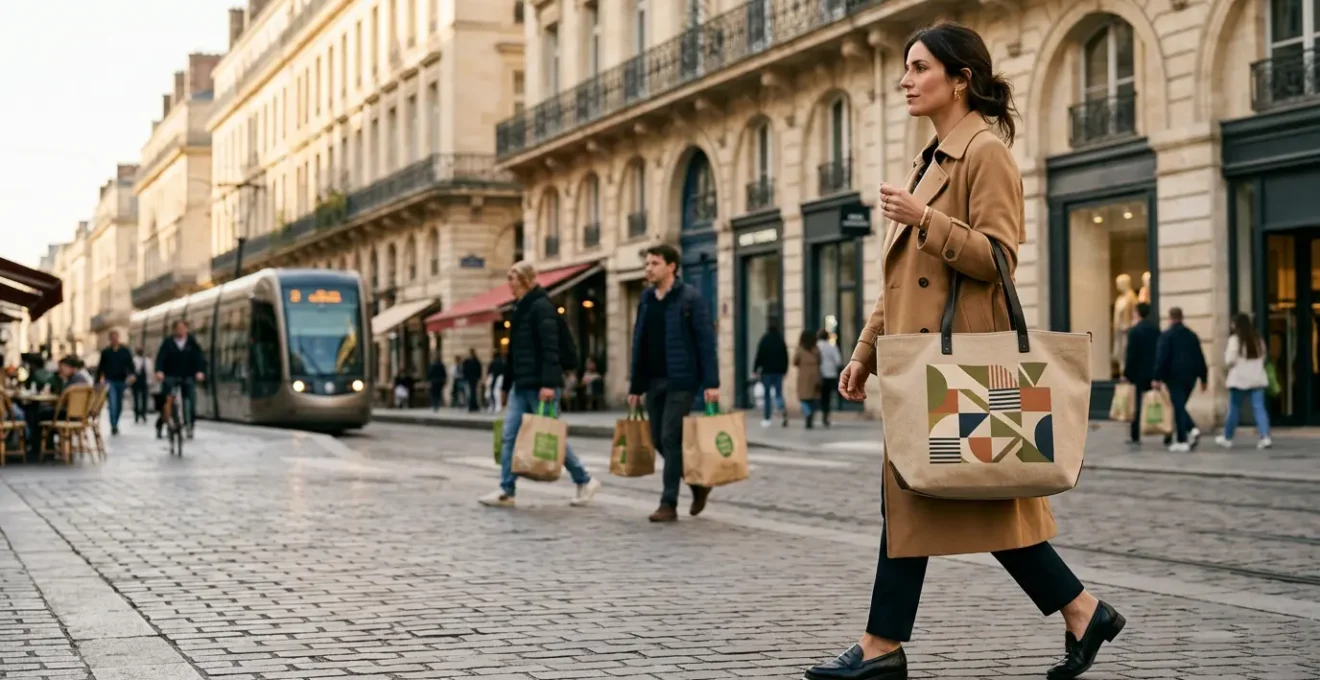 Sac réutilisable en toile naturelle porté en ville, symbole de publicité mobile éco-responsable
