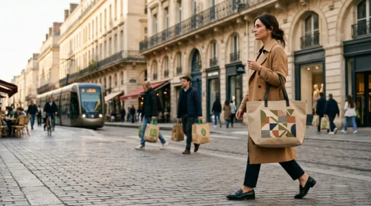Sac réutilisable en toile naturelle porté en ville, symbole de publicité mobile éco-responsable