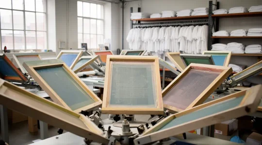 Atelier de sérigraphie textile avec écrans préparés pour production en grande série