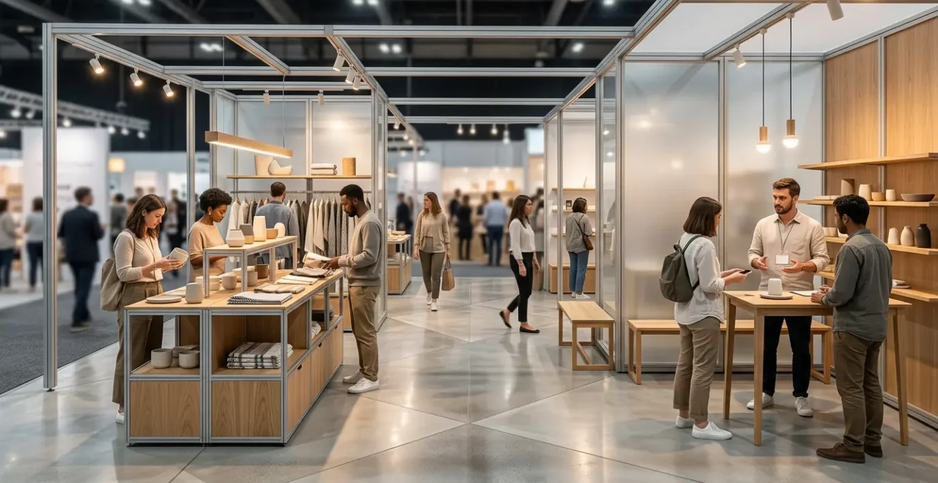 Vue grand angle d'un stand de salon transformé en boutique éphémère moderne avec flux de visiteurs et mise en scène immersive