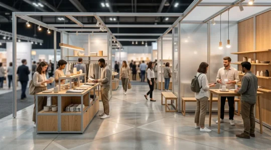 Vue grand angle d'un stand de salon transformé en boutique éphémère moderne avec flux de visiteurs et mise en scène immersive