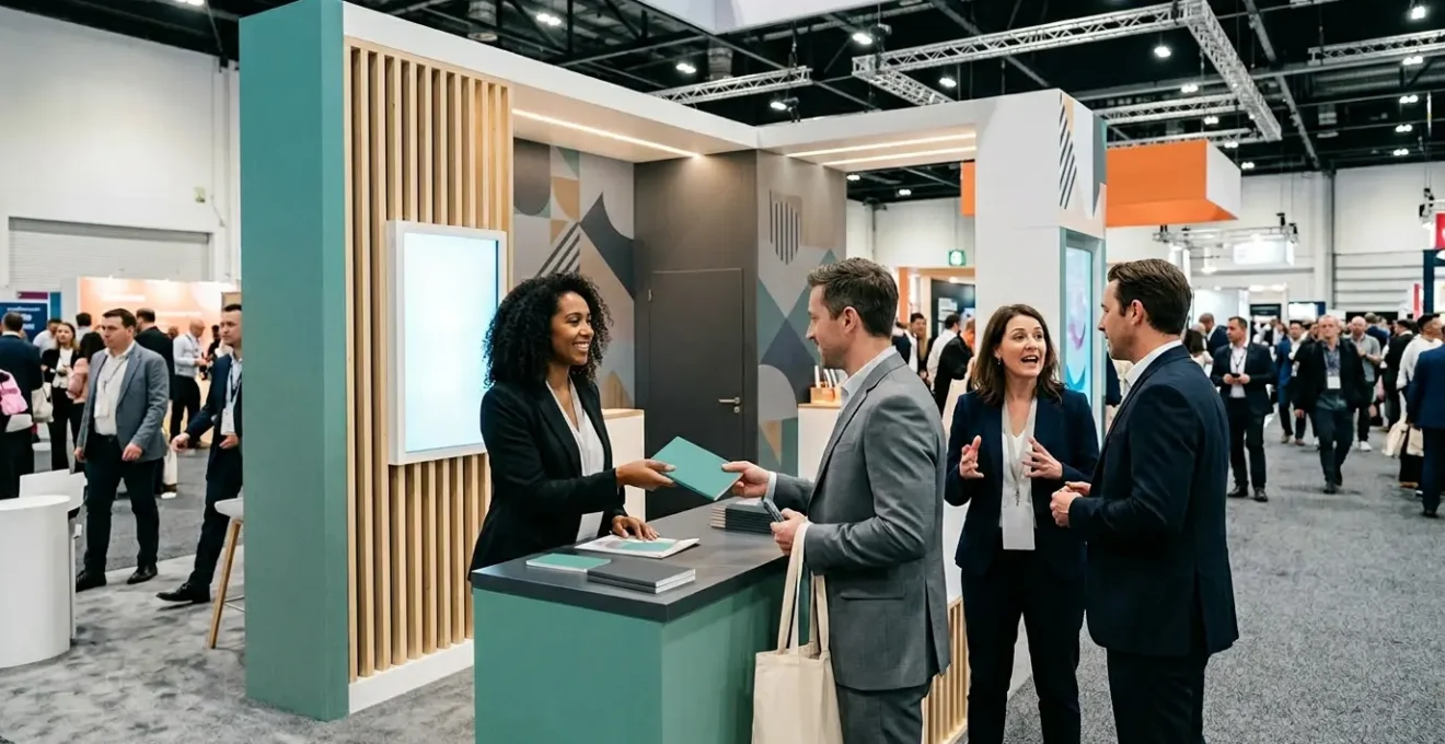 Vue dynamique d'un stand de salon professionnel avec visiteurs échangeant des objets promotionnels colorés