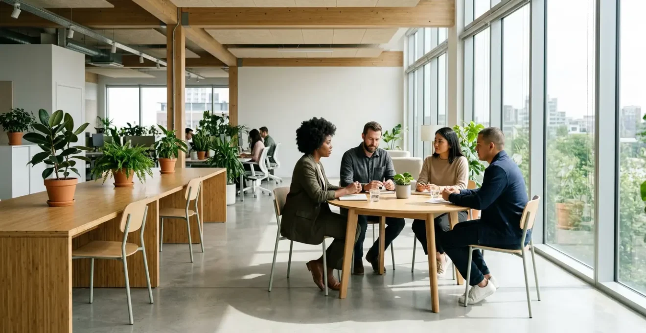 Équipe d'entreprise en réunion portant des vêtements en coton biologique dans un environnement professionnel moderne