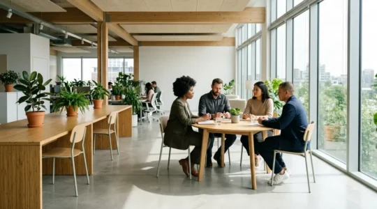 Équipe d'entreprise en réunion portant des vêtements en coton biologique dans un environnement professionnel moderne