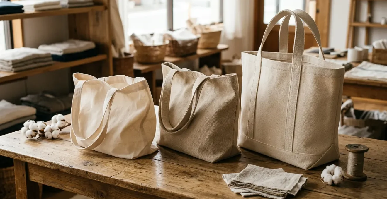 Comparaison de trois tote bags de grammages différents posés sur une surface en bois naturel