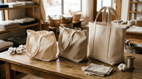 Comparaison de trois tote bags de grammages différents posés sur une surface en bois naturel