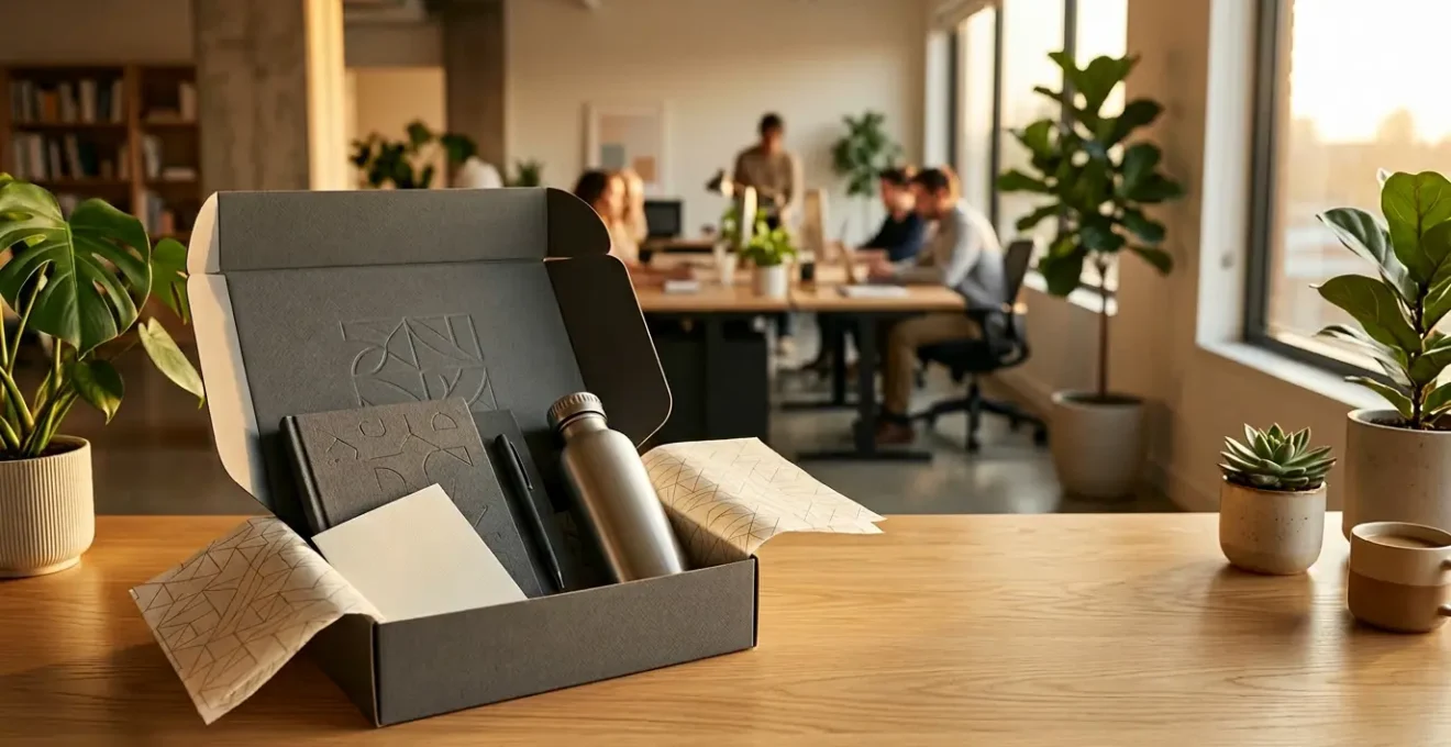 Bureau moderne avec un welcome pack soigneusement présenté dans une boîte élégante