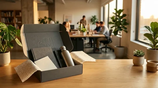 Bureau moderne avec un welcome pack soigneusement présenté dans une boîte élégante