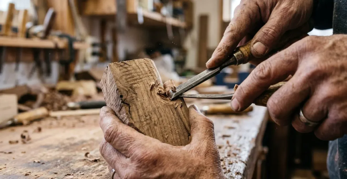 Mains d'artisan travaillant sur un objet en bois dans un atelier traditionnel