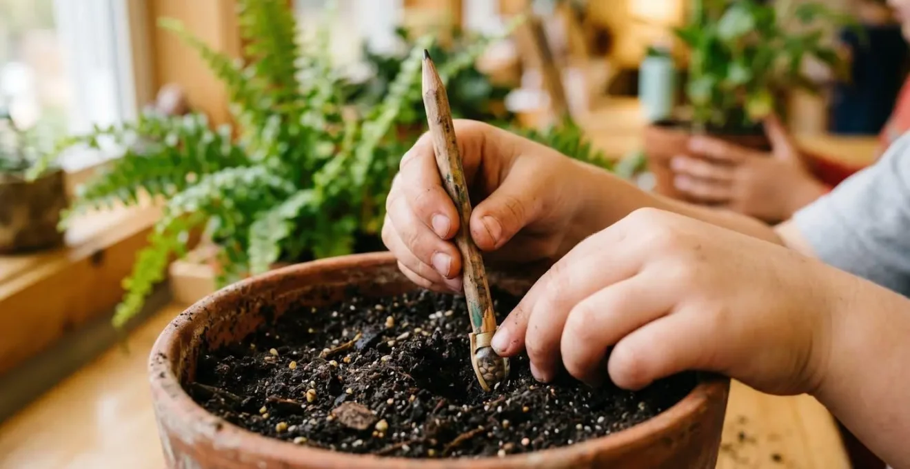 Des mains d'enfant plantant délicatement un crayon usé dans un pot en terre cuite rempli de terreau