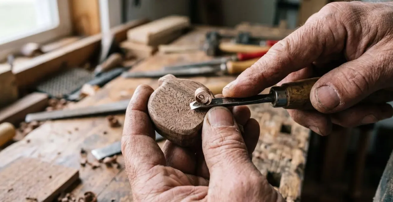 Vue macro sur des mains d'artisan travaillant sur un objet promotionnel en bois avec outils traditionnels
