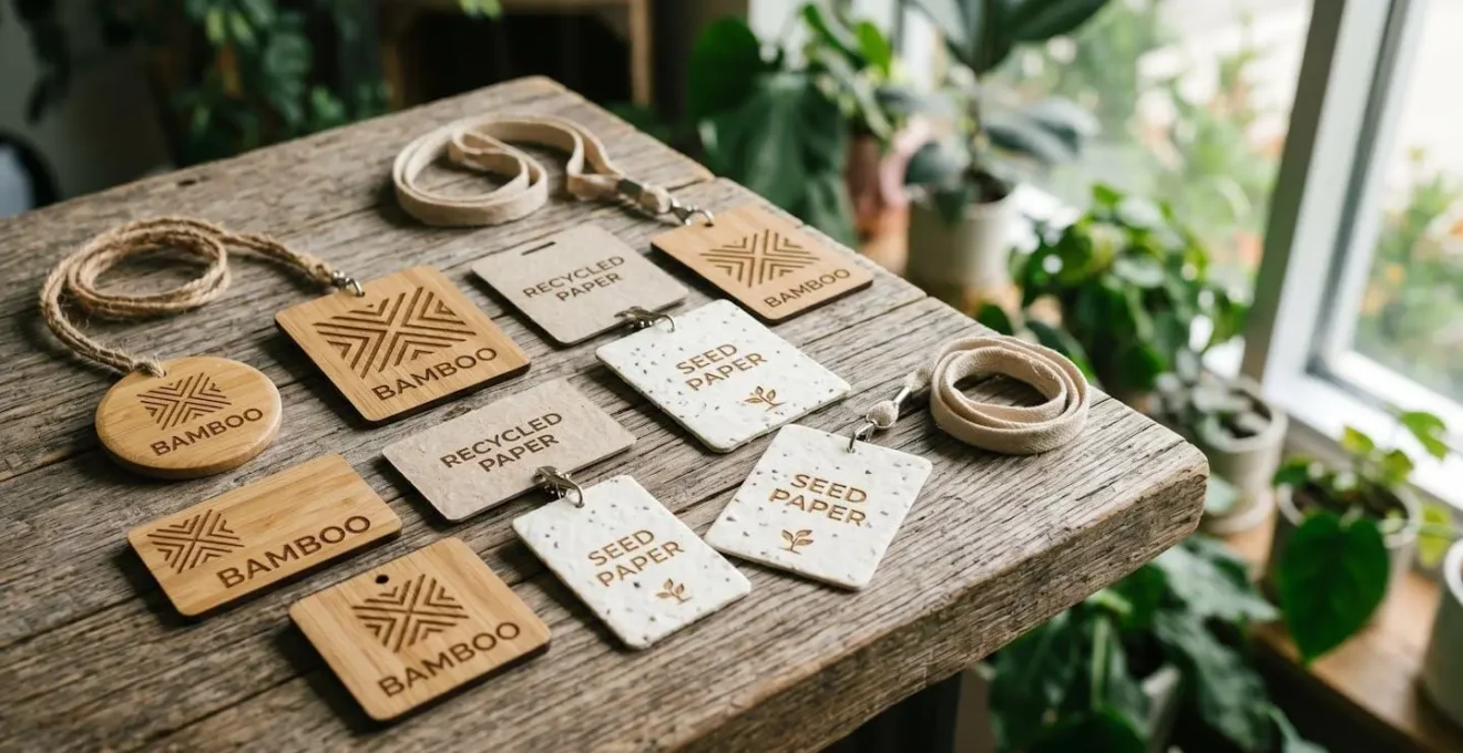 Collection de badges événementiels fabriqués à partir de matériaux écologiques et durables