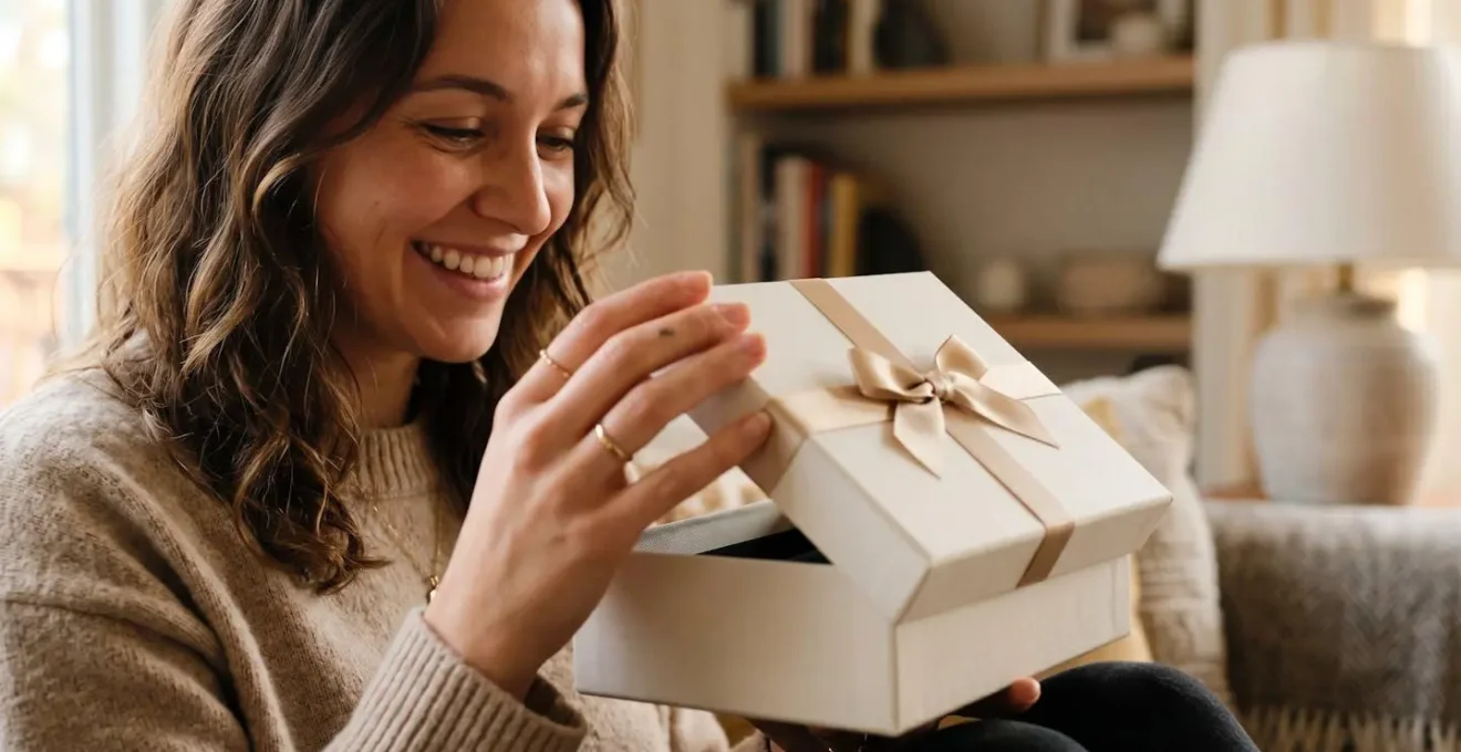 Gros plan sur les mains tenant délicatement une boîte cadeau élégante avec ruban, expression de surprise et de joie