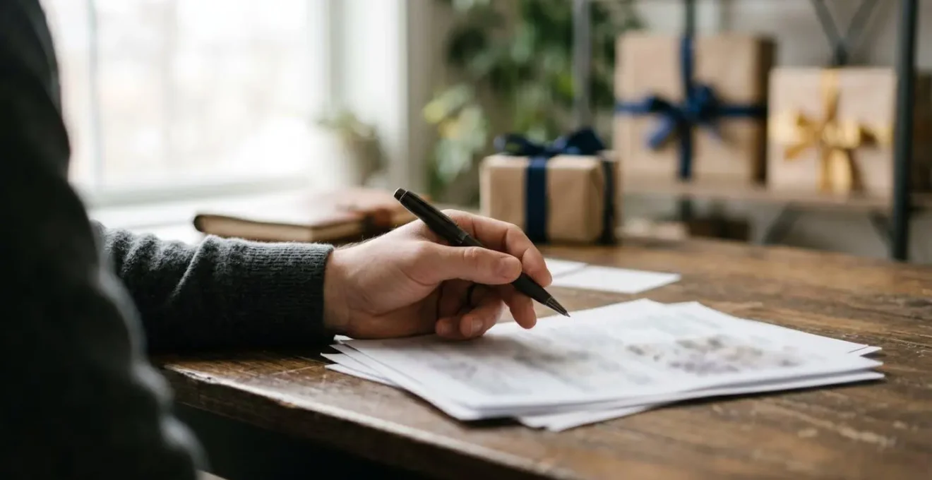 Bureau avec calculatrice, factures et coffrets cadeaux illustrant la gestion fiscale