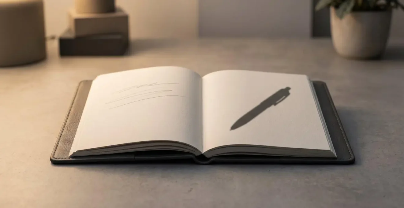Carnet élégant posé sur un bureau avec un espace vide suggérant l'absence d'un stylo pour symboliser l'effet d'incomplétude.