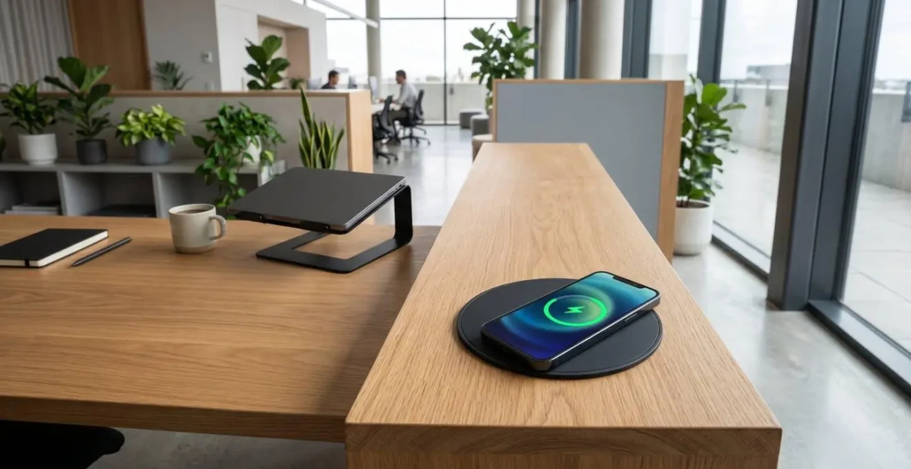 Vue minimaliste d'un espace de travail avec station de charge sans fil intégrée