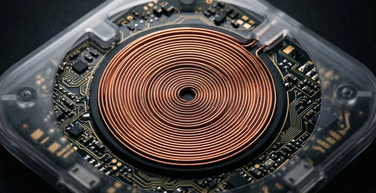 Détail macro d'un chargeur à induction montrant les bobines de cuivre internes