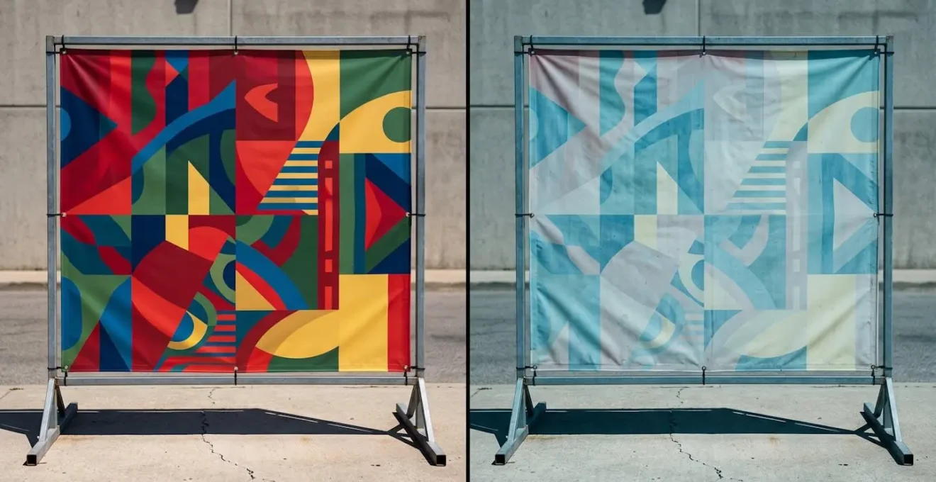 Comparaison avant-après d'une bâche publicitaire décolorée par le soleil