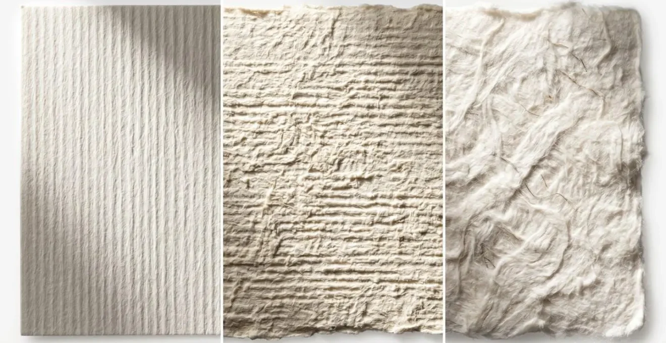 Vue macro de trois échantillons de papier montrant les textures Rives, Vergé et Coton