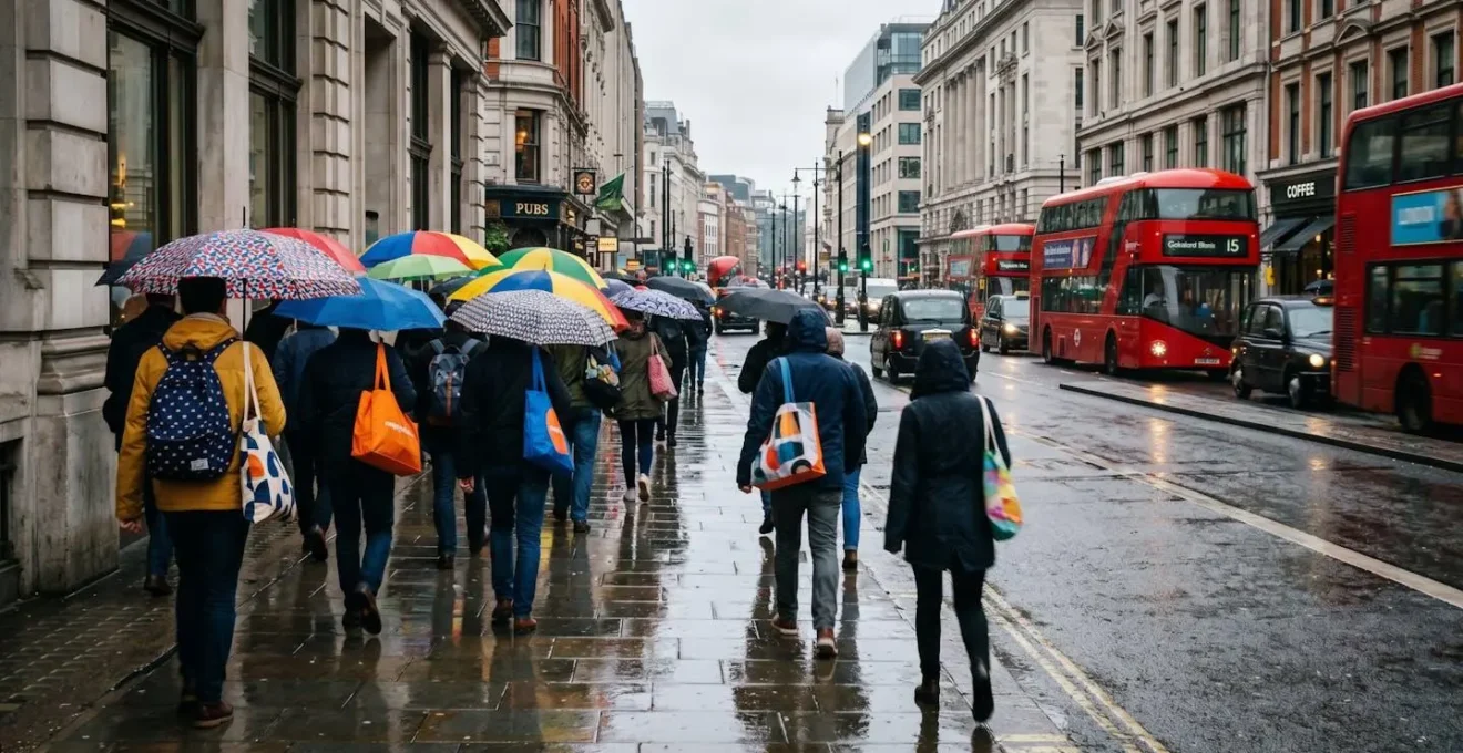 Comparaison visuelle d'objets promotionnels (parapluie, sac à dos) utilisés par des passants dans une rue animée.