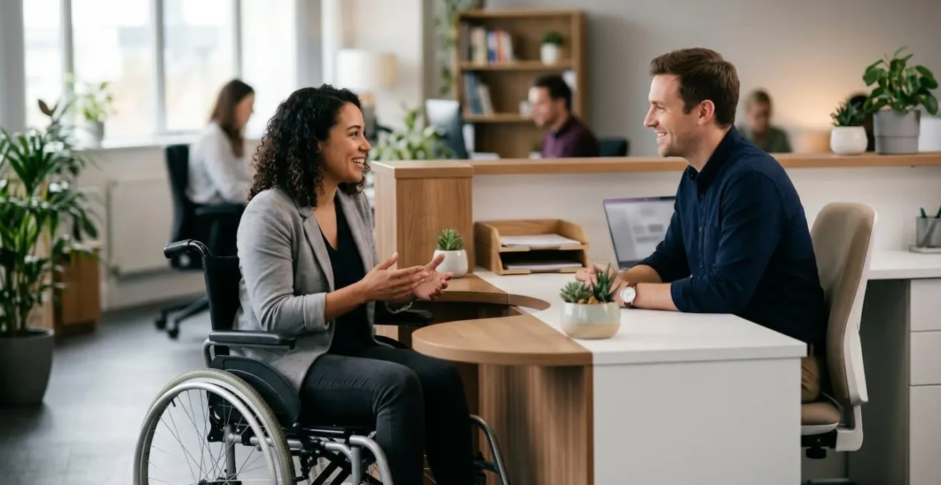 Personne en fauteuil roulant échangeant confortablement avec un hôte à un comptoir adapté